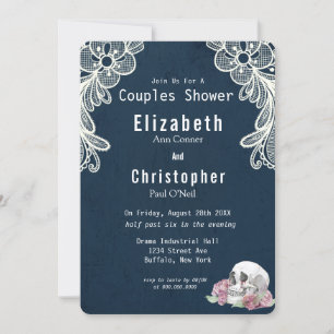 Navy Blue Lace Skull Pink Roses Couples Shower Invitation