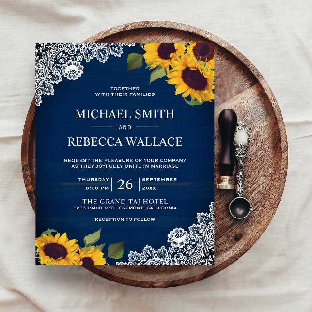 Navy Blue Lace Sunflower Budget Wedding Invitation (Creator Uploaded)