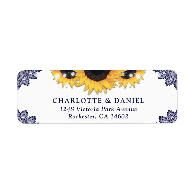 Navy Blue Lace Sunflower Return Address Wedding Label (Front)