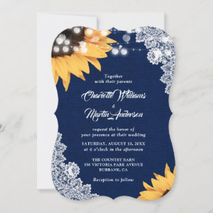 Navy Blue Lace Sunflower Wedding Invitations
