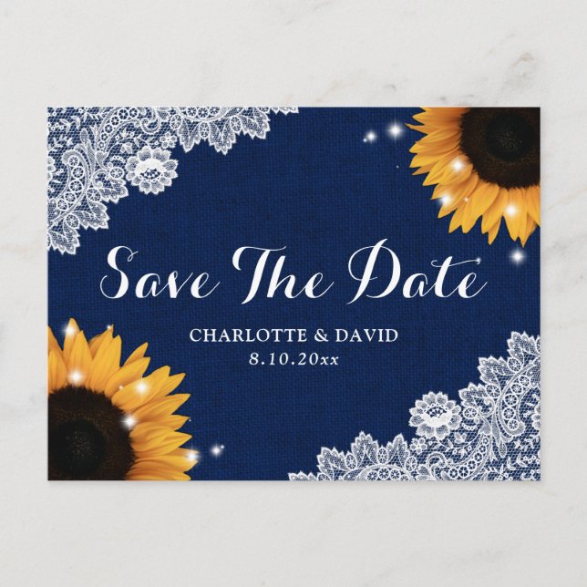 Navy Blue Lace Sunflower Wedding Save The Date Announcement Postcard (Front)