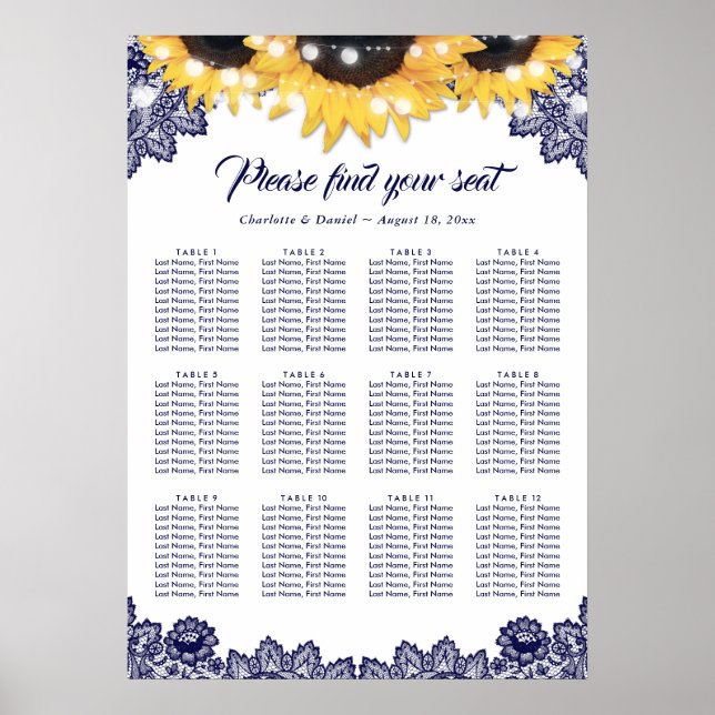 Navy Blue Lace Sunflower Wedding Seating Chart 12 (Front)
