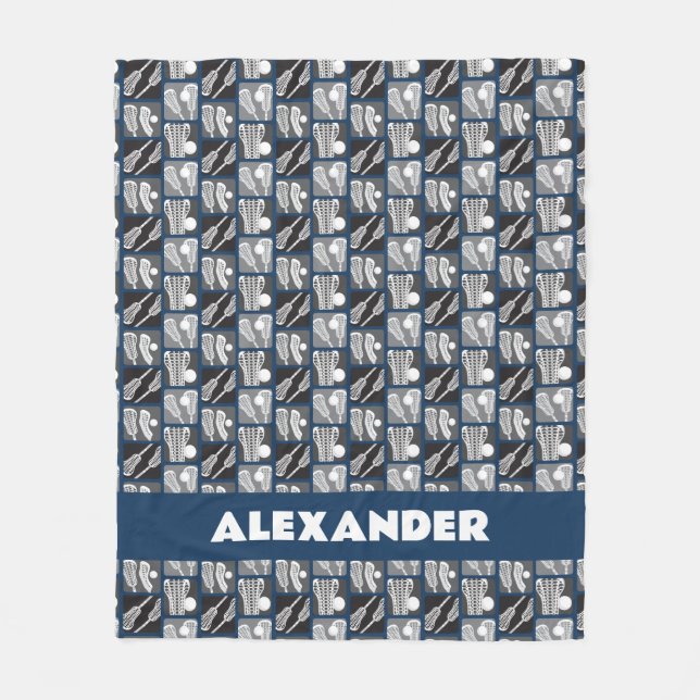 Navy Blue Lacrosse Blocks of Sticks and Balls Fleece Blanket (Front)