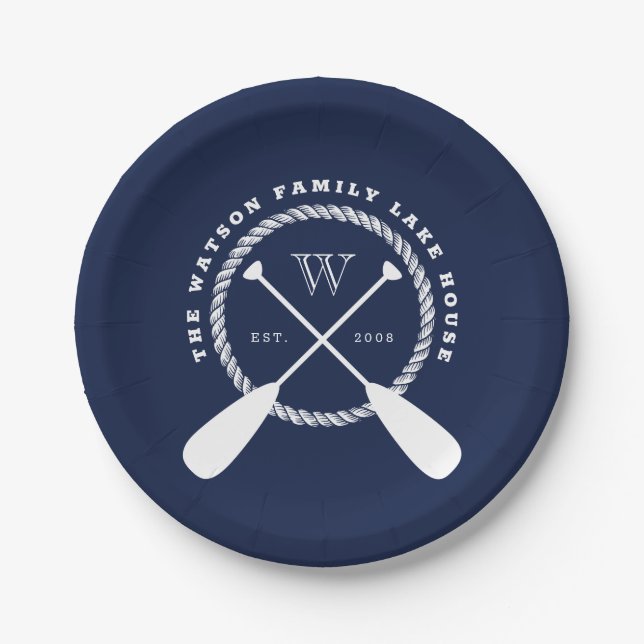 Navy Blue Lake House Monogram Crossed Paddles Paper Plate (Front)