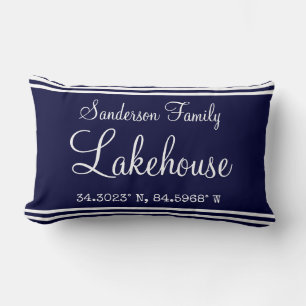 Navy Blue Lakehouse Family name  Map Corinates Lum Lumbar Cushion