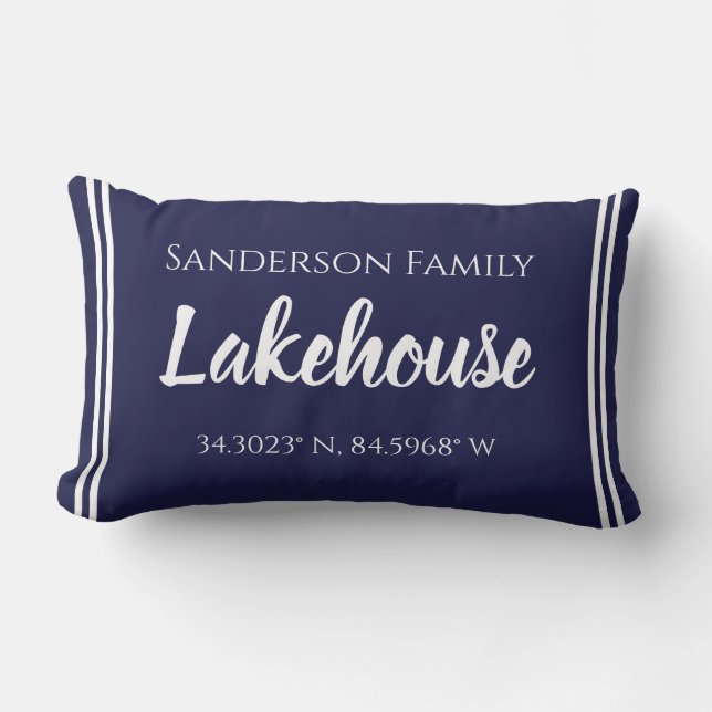 Navy Blue Lakehouse Family name  Map Corinates  Lumbar Cushion (Front)