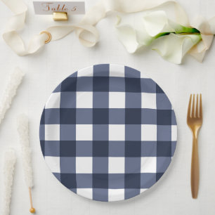 Navy Blue Large Classic Gingham Check Plaid Paper Plate
