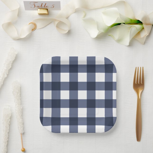 Navy Blue Large Classic Gingham Check Plaid Paper Plate (Wedding)
