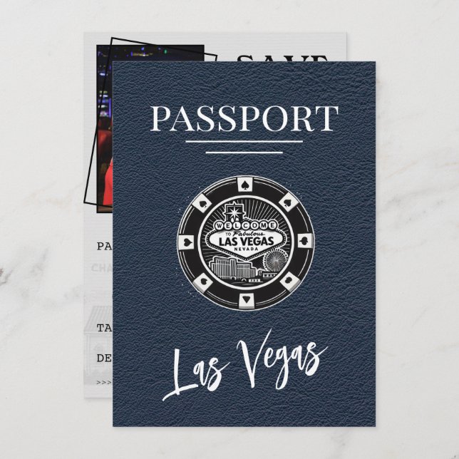 Navy Blue Las Vegas Passport Save The Date (Front/Back)