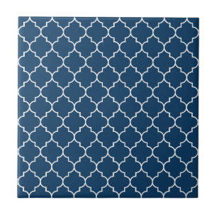 Navy Blue Latticework, Quatrefoil, Trellis Ceramic Tile