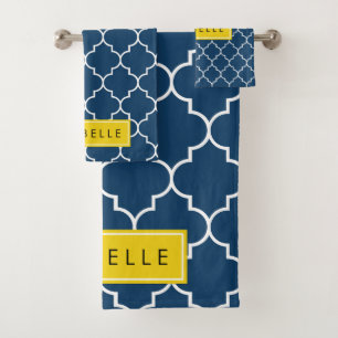 Navy Blue Latticework, Quatrefoil, Your Name Bath Towel Set