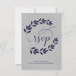 Navy Blue Laurel Leaves on Grey Elegant Wedding RSVP Card