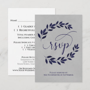 Navy Blue Laurel Leaves on Grey Elegant Wedding RSVP Card