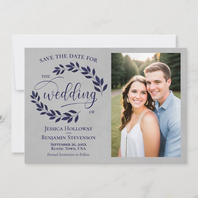 Navy Blue Laurel Leaves Rustic Grey Wedding Photo Save The Date (Front)