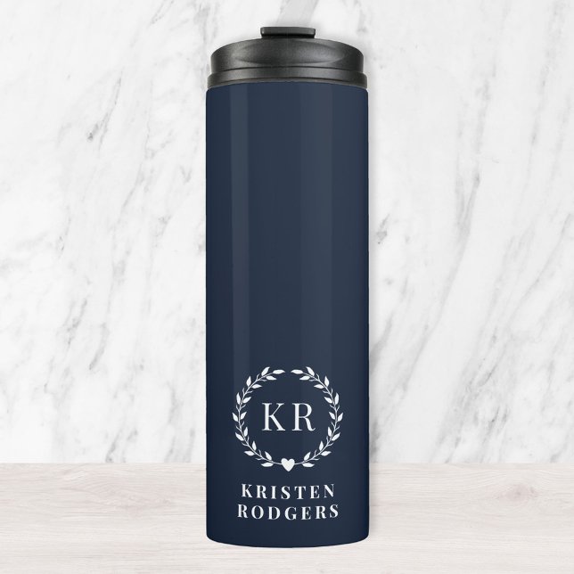 Navy Blue Laurel Wreath Crest Monogram Thermal Tumbler (Creator Uploaded)