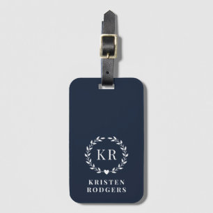 Navy Blue Laurel Wreath Monogram Initial Letter Luggage Tag