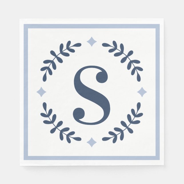 Navy Blue Laurel Wreath Monogram  Napkin (Front)