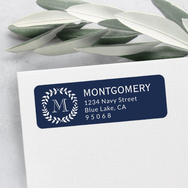 Navy Blue Laurel Wreath Monogram Return Address Label (Creator Uploaded)