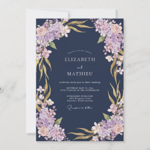 Navy Blue Lavender Flourish Wedding Invitation