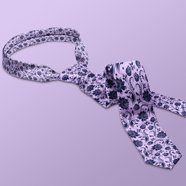 Navy Blue & Lavender Purple Floral Damasks Pattern Tie (Creator Uploaded)