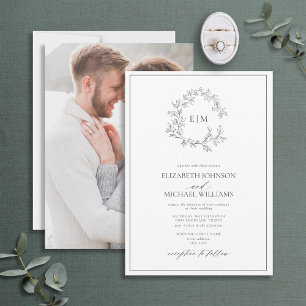 Navy Blue Leafy Crest Monogram Photo Wedding Invitation