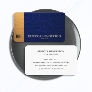 Navy Blue Leather & Gold with White Back Monogram Business Card