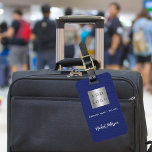 Navy blue leather white business company logo name luggage tag<br><div class="desc">Navy blue faux leather print as background.  Personalise and add you business logo,  name and contact details.  White text.</div>