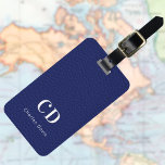 Navy blue leather white monogram name luggage tag<br><div class="desc">Navy blue faux leather print as background. Personalise and add your monogram letters and full name on the front. Your contact information on the back.  White text.</div>