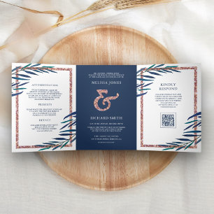 Navy Blue Leaves Branch Rose Gold QR Code Wedding Tri-Fold Invitation
