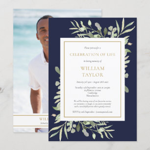 Navy Blue Leaves Funeral Celebration of Life Photo Invitation