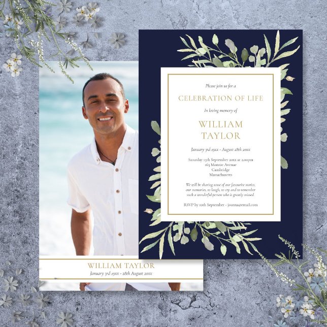 Navy Blue Leaves Funeral Celebration of Life Photo Invitation (Navy Blue Leaves Funeral Celebration of Life Photo Invitation)