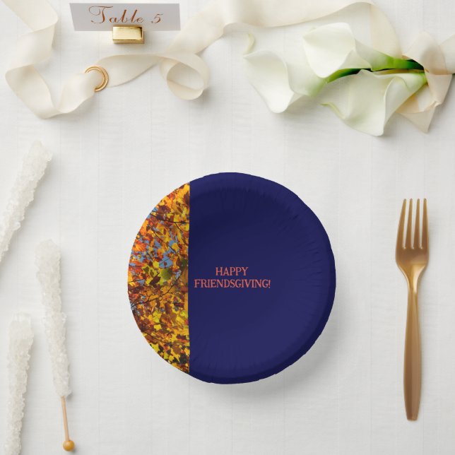 Navy Blue & Leaves Thanksgiving Friendsgiving  Paper Plate (Wedding)