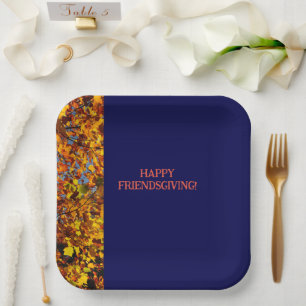Navy Blue & Leaves Thanksgiving Friendsgiving  Paper Plate