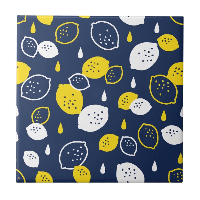  Navy Blue Lemon Art – Refreshing Citrus Design Ceramic Tile (Front)