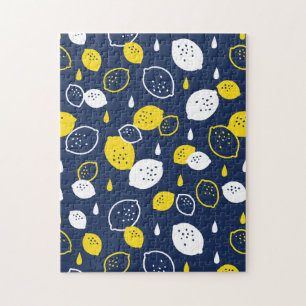 Navy Blue Lemon Art – Refreshing Citrus Design Jigsaw Puzzle