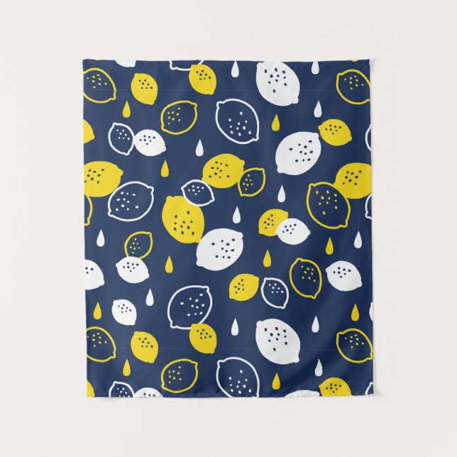  Navy Blue Lemon Art – Refreshing Citrus Design Tapestry (Front)