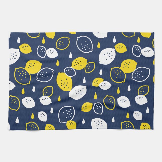  Navy Blue Lemon Art – Refreshing Citrus Design Tea Towel (Horizontal)