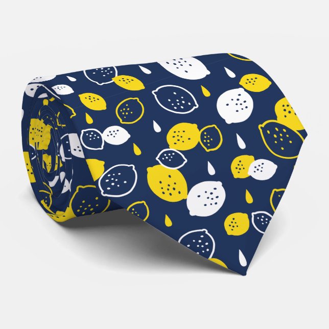  Navy Blue Lemon Art – Refreshing Citrus Design Tie (Rolled)