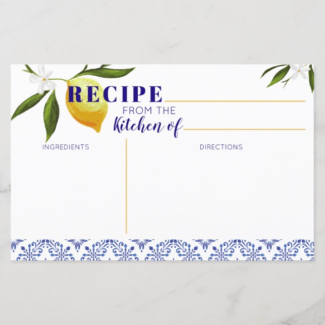 Navy Blue & Lemon Bridal Shower Recipe card (Front)