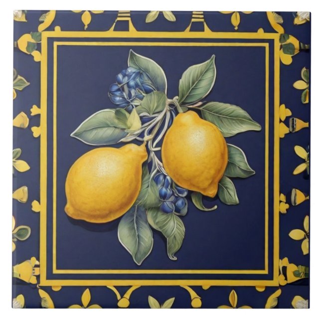 Navy Blue Lemons & Black Olives Mediterranean Ceramic Tile (Front)