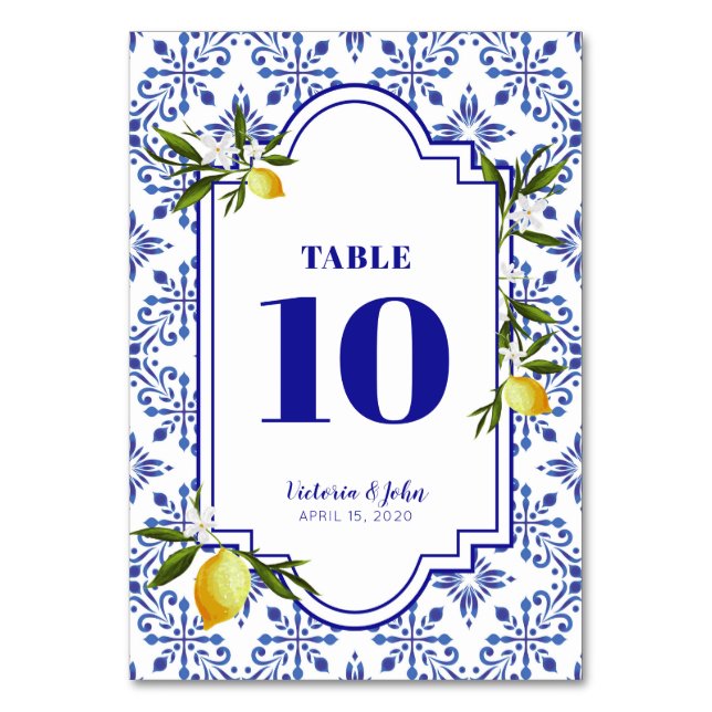 Navy blue & lemons wedding shower table number (Front)