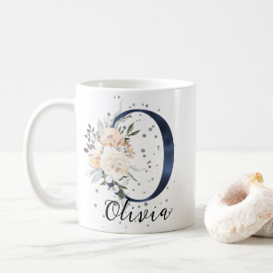 Navy Blue Letter O Peach Cream Floral Monogram Coffee Mug