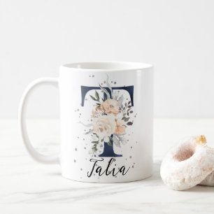 Navy Blue Letter T Peach Cream Floral Monogram  Coffee Mug