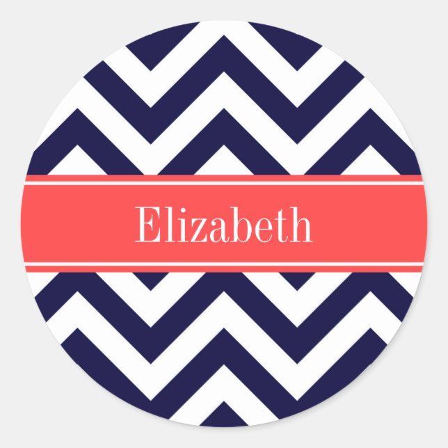 Navy Blue Lg Chevron Coral Red Name Monogram Classic Round Sticker (Front)