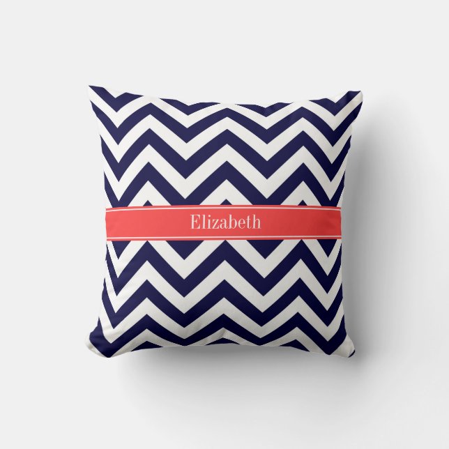Navy Blue Lg Chevron Coral Red Name Monogram Cushion (Front)