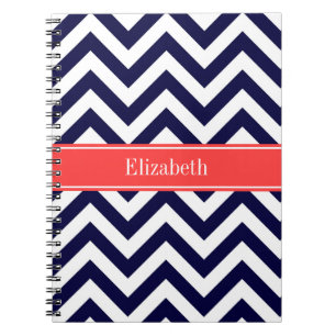Navy Blue Lg Chevron Coral Red Name Monogram Notebook