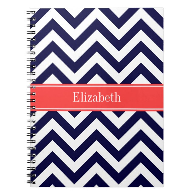Navy Blue Lg Chevron Coral Red Name Monogram Notebook (Front)