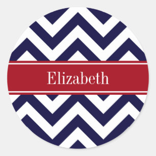 Navy Blue Lg Chevron Cranberry Name Monogram Classic Round Sticker