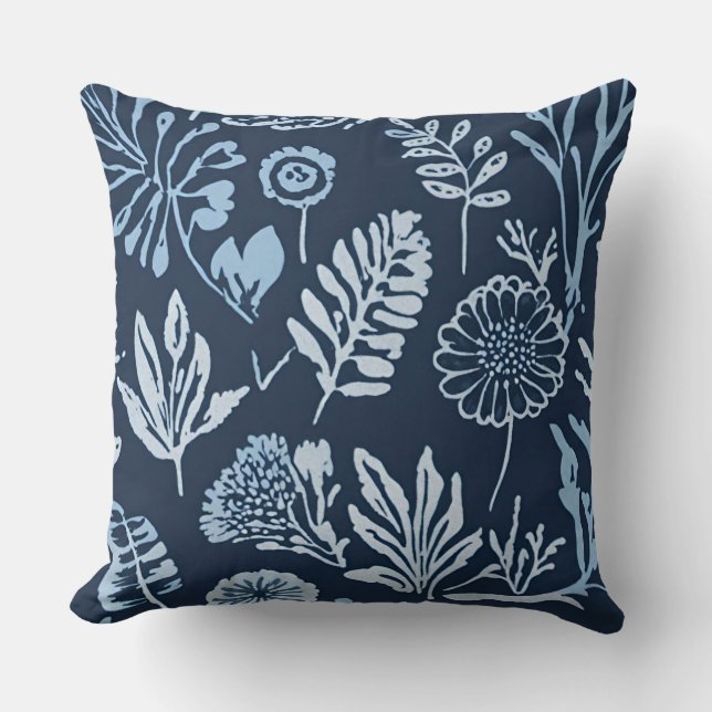 Navy Blue Light Blue Botanical Floral Cushion (Front)