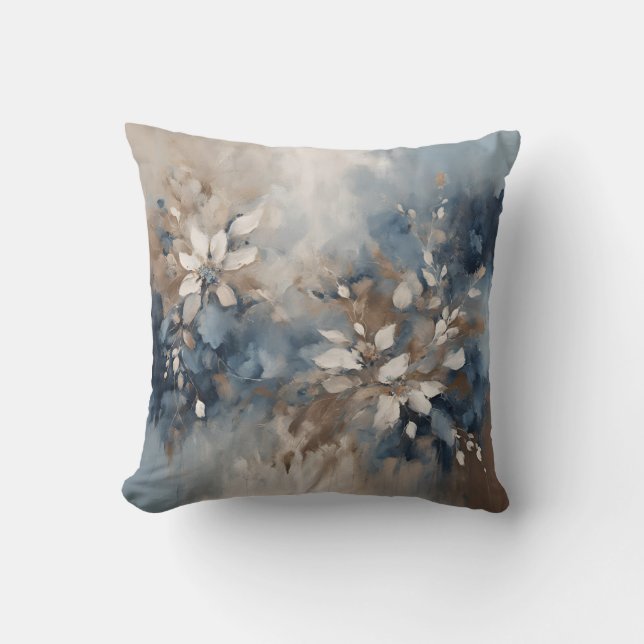 Navy Blue Light Blue Brown Modern Floral Cushion (Front)